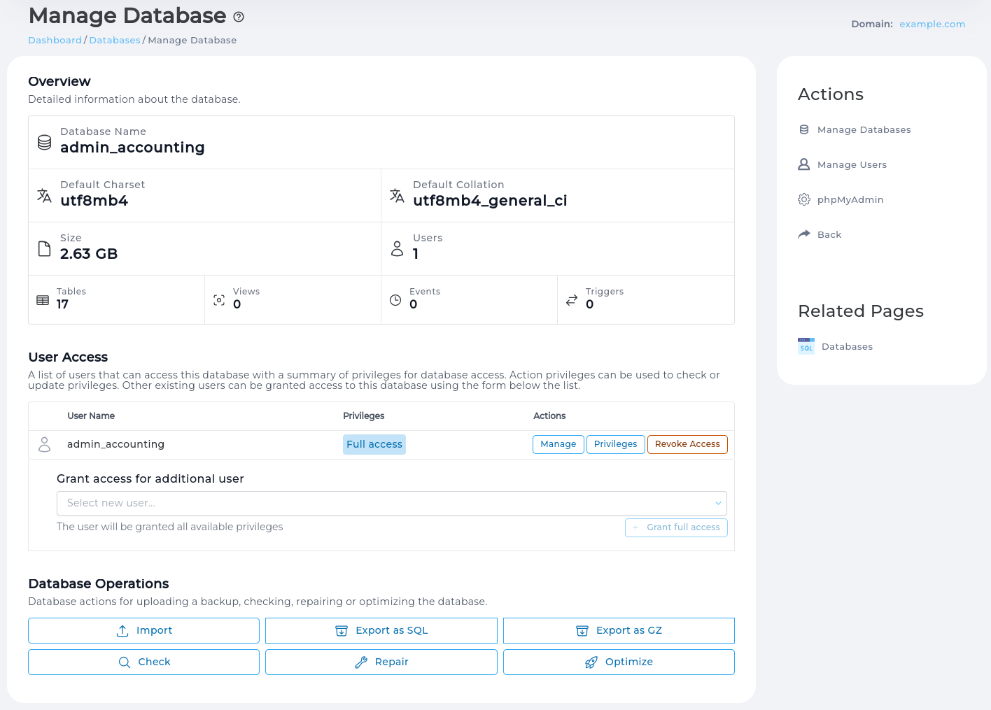 Manage Database page
