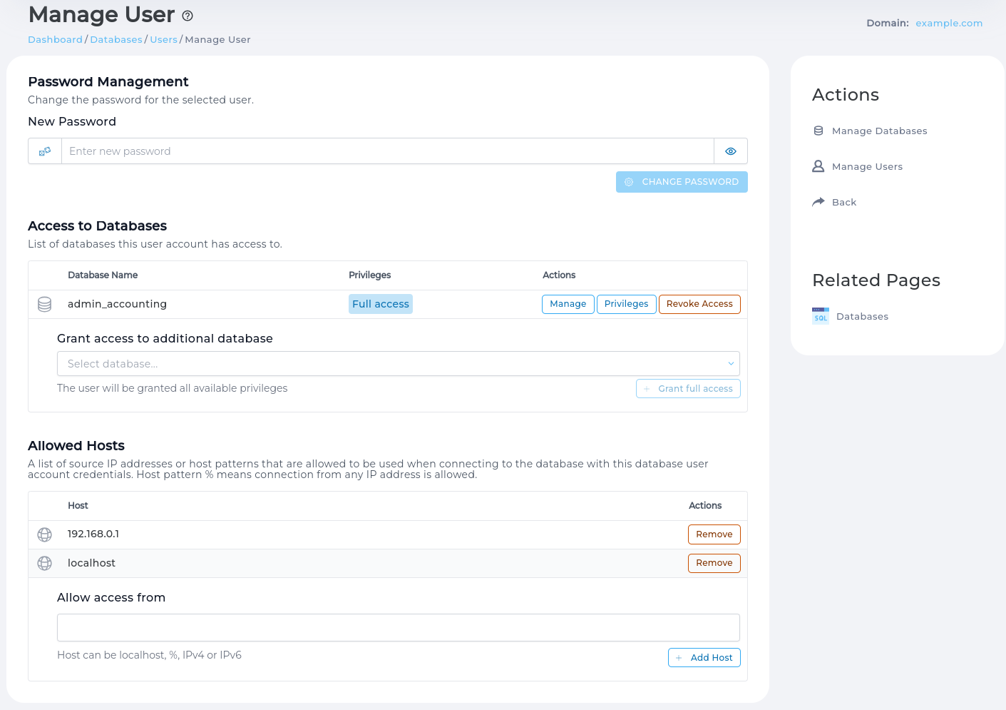Manage Database page