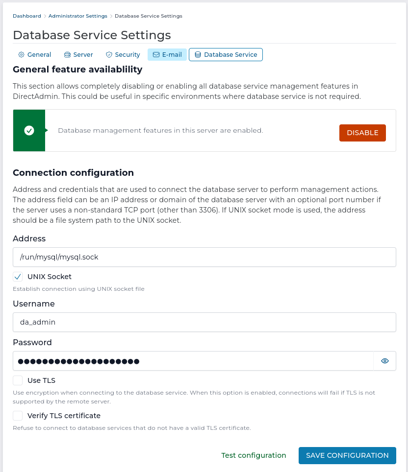 Databse service settings