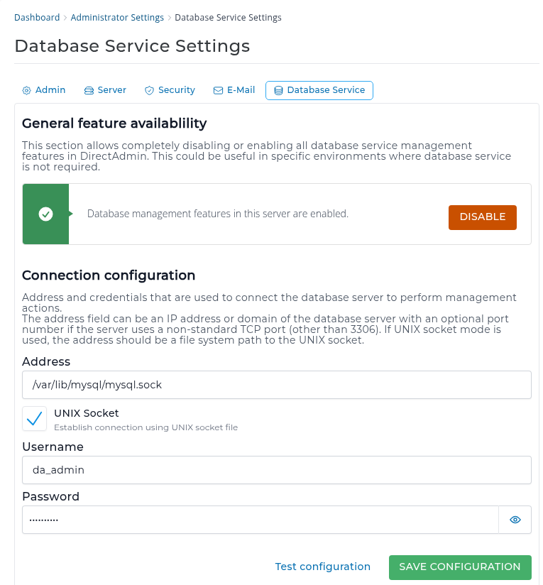 Database Service Settings