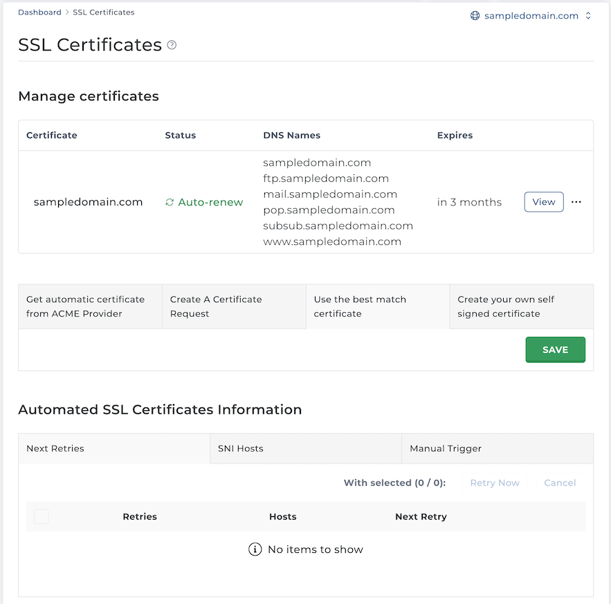 Domain TLS certificates management page