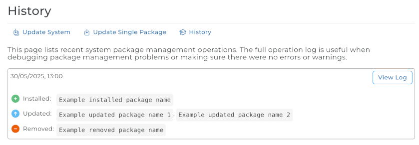 System Packages history page